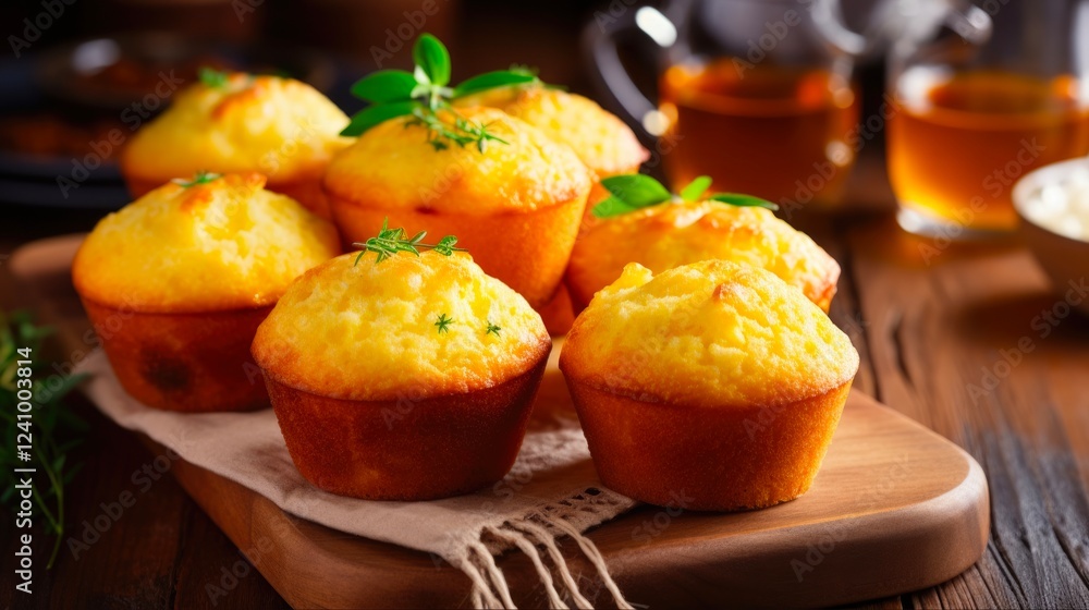 Colourful Cornbread Muffin Snack on Holiday Table Setting - Horizontal Cupcake Concept Colourful Cornbread Muffin Snack on Holiday Table Setting - Horizontal Cupcake Concept