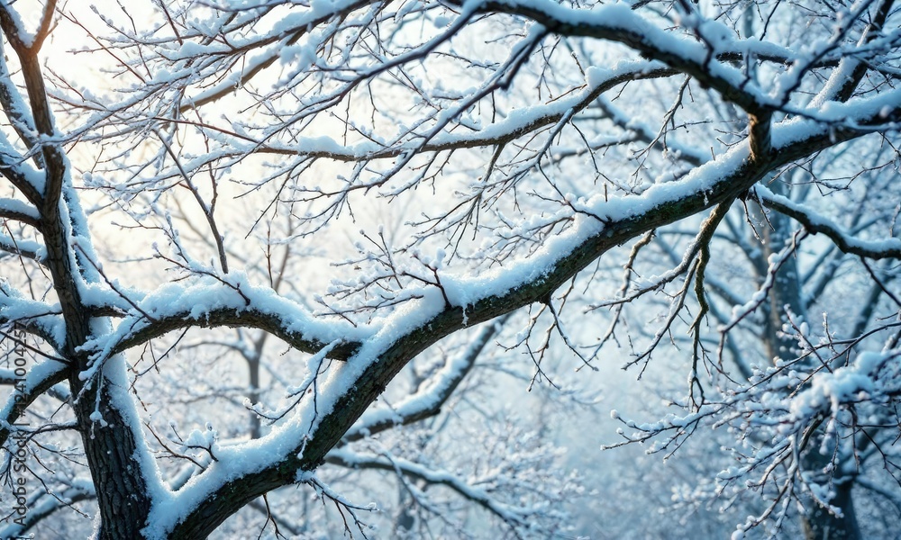 Tree branches heavy with the weight of fresh snowfall, snowy, serene Tree branches heavy with the weight of fresh snowfall, snowy, serene