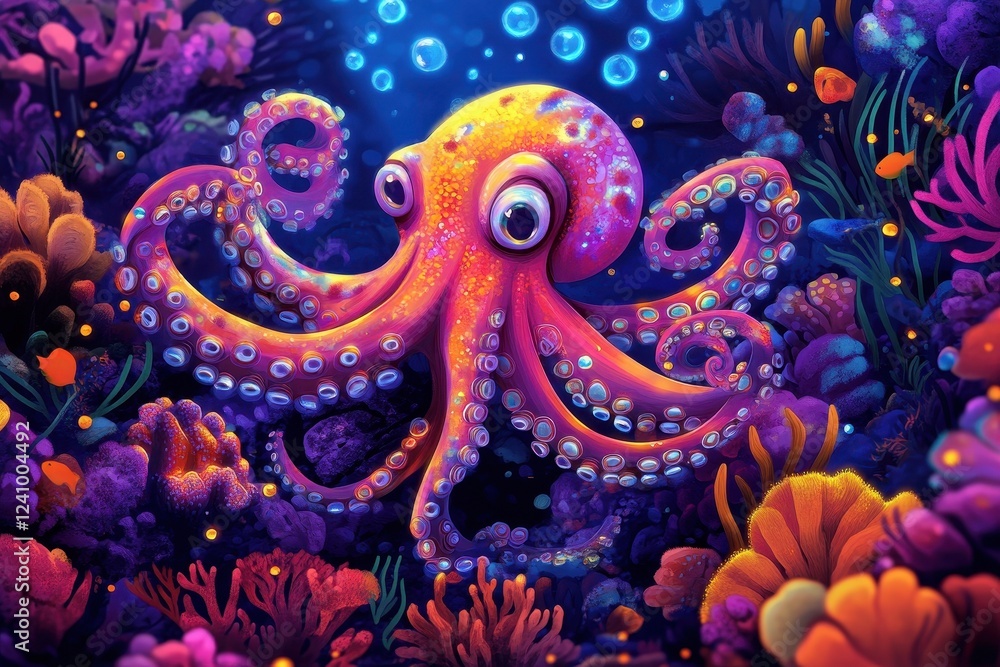 Obraz premium Vibrant Octopus in a Luminous Underwater Coral Reef