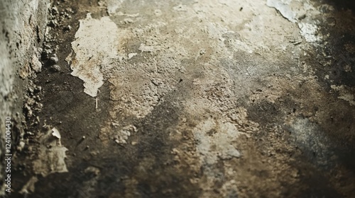 Close up of contaminated surface showing visible decay and damage, highlighting effects of neglect and deterioration. texture reveals layers of peeling material and grime photo