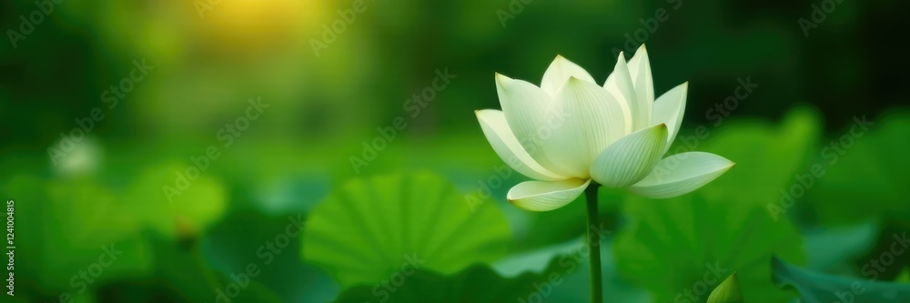 A delicate white lotus lily rises from a bed of greenery, garden, summer blooms, foliage A delicate white lotus lily rises from a bed of greenery, garden, summer blooms, foliage