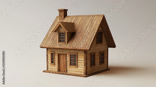 Wooden cottage model, home design, neutral background, architectural rendering, real estate photo