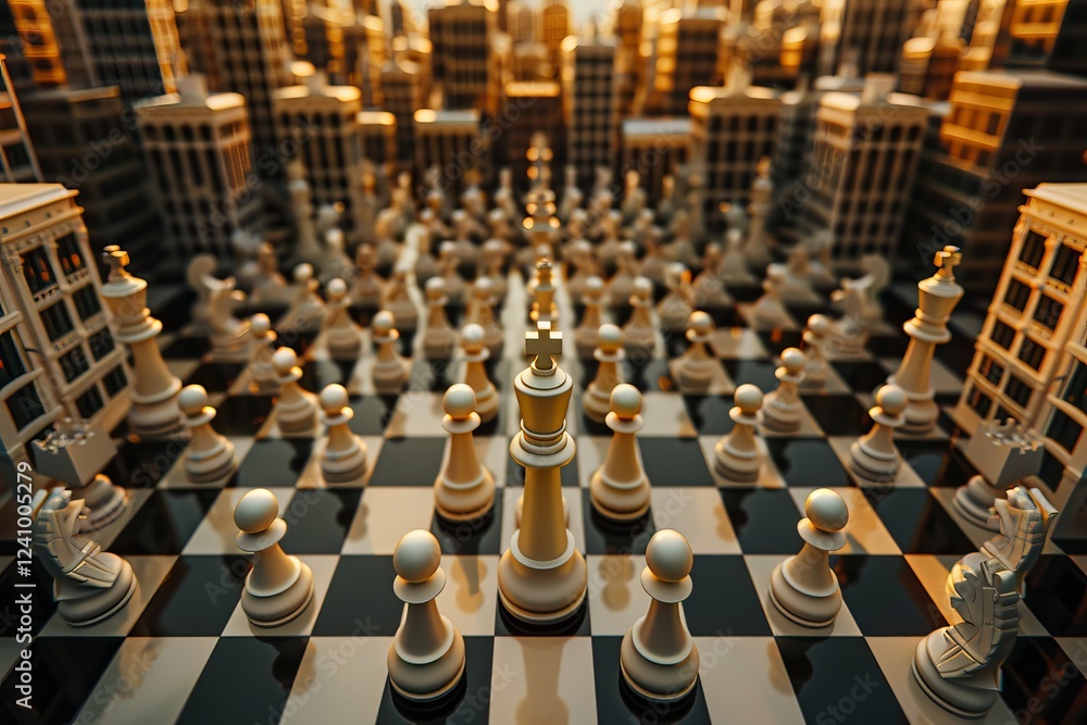 Obraz premium A strategic chess game set in a city skyline, with ivory pieces standing out against a polished black and white board. Chess Board as an Arena of Strategy