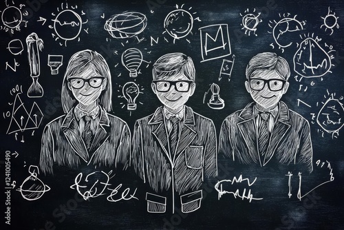 Hand drawn symbols of school subjects on a chalkboard , isolated on white background,  , copy space for text,