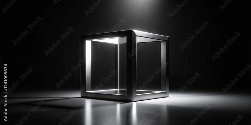 Abstract render of black cube box with square frame in dark scene,, shadow, form, shadow, form, cube, minimalist, frame, box Abstract render of black cube box with square frame in dark scene,, shadow, form, shadow, form, cube, minimalist, frame, box