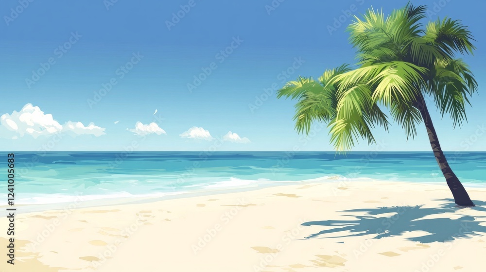 Obraz premium Tranquil beach scene with swaying palm tree under clear blue sky