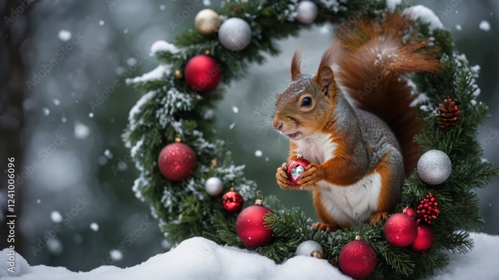 Squirrel with Christmas Ornament Surrounded by Festive Wreath in Winter Wonderland Squirrel with Christmas Ornament Surrounded by Festive Wreath in Winter Wonderland