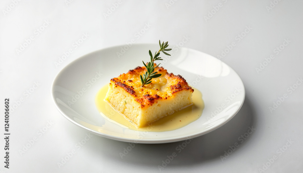 A single portion of gratin dauphinois, elegantly plated on a minimalist white dish, garnished with a small sprig of fresh herbs for a refined presentation. A single portion of gratin dauphinois, elegantly plated on a minimalist white dish, garnished with a small sprig of fresh herbs for a refined presentation.