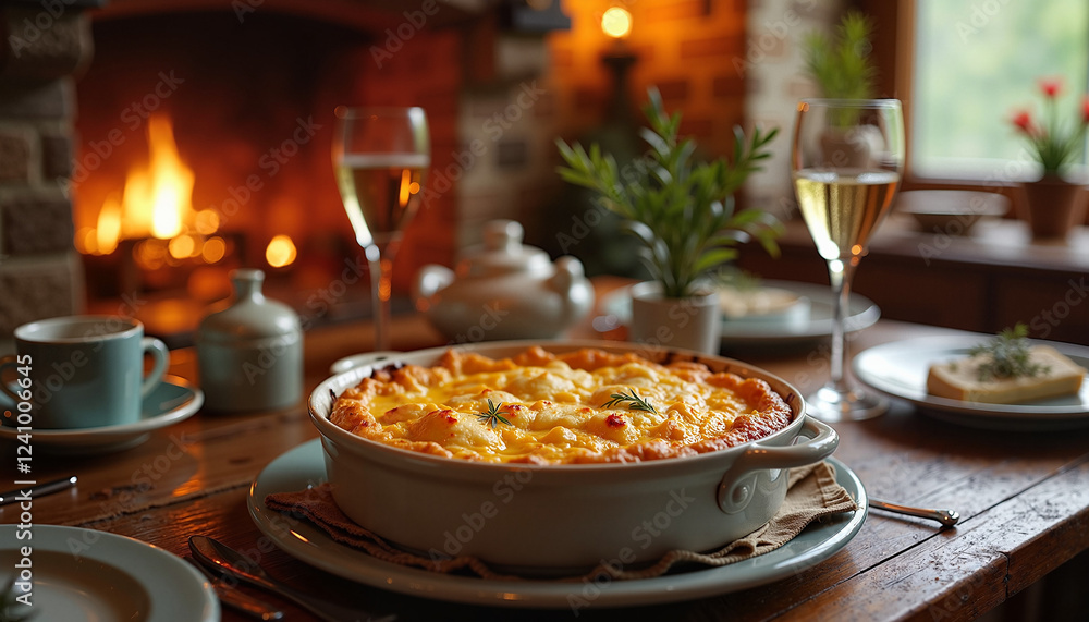 A baking dish filled with gratin dauphinois, placed on a wooden table with a fireplace in the background, creating a cozy, inviting atmosphere. A baking dish filled with gratin dauphinois, placed on a wooden table with a fireplace in the background, creating a cozy, inviting atmosphere.
