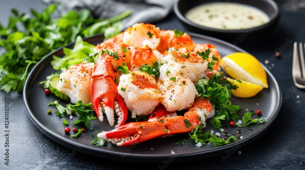 Fresh Seafood Platter with Shrimp, Crab, Lemon, and Sauce Fresh Seafood Platter with Shrimp, Crab, Lemon, and Sauce
