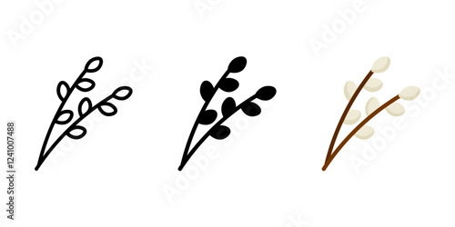 Easter willow branch icon. Traditional holiday plant sign. Christian symbol of blessing and faith. Sacred spring twig pictogram. Religious celebration illustration.