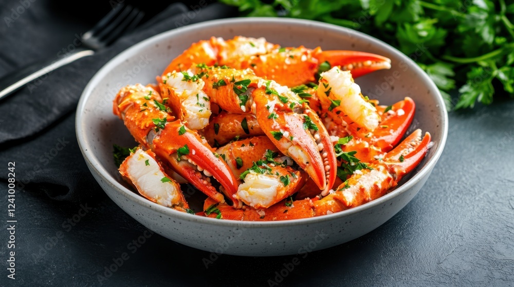 Freshly Cooked Crab Claws with Herbs and Spices on Dark Table Freshly Cooked Crab Claws with Herbs and Spices on Dark Table