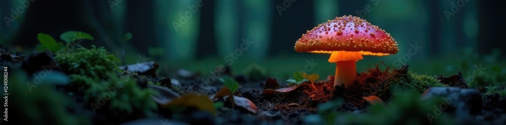 Fototapeta premium Mushroom cap glowing in the dark forest floor, ecosystem, darkness, nature
