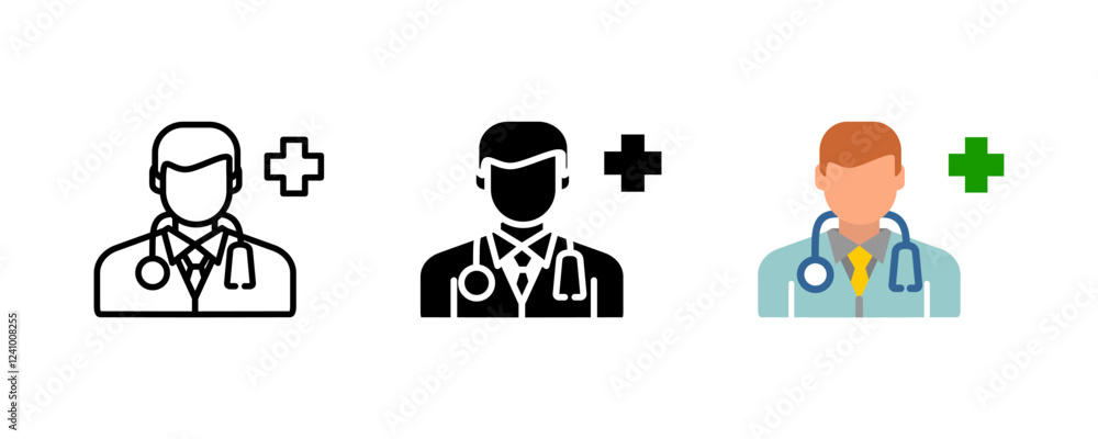 Doctor icon. Medical professional sign. Healthcare and treatment symbol. Hospital physician with stethoscope pictogram. Emergency and patient care illustration. Doctor icon. Medical professional sign. Healthcare and treatment symbol. Hospital physician with stethoscope pictogram. Emergency and patient care illustration.