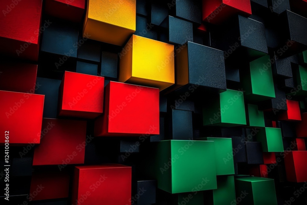 Fototapeta premium Vibrant Abstract Banner With Overlapping Squares In Red, Black, Yellow, Green