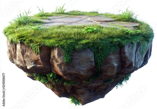 Floating mossy stone platform, detailed texture of rocks, and lush green moss cover a circular platform that appears to float in mid air. The photo