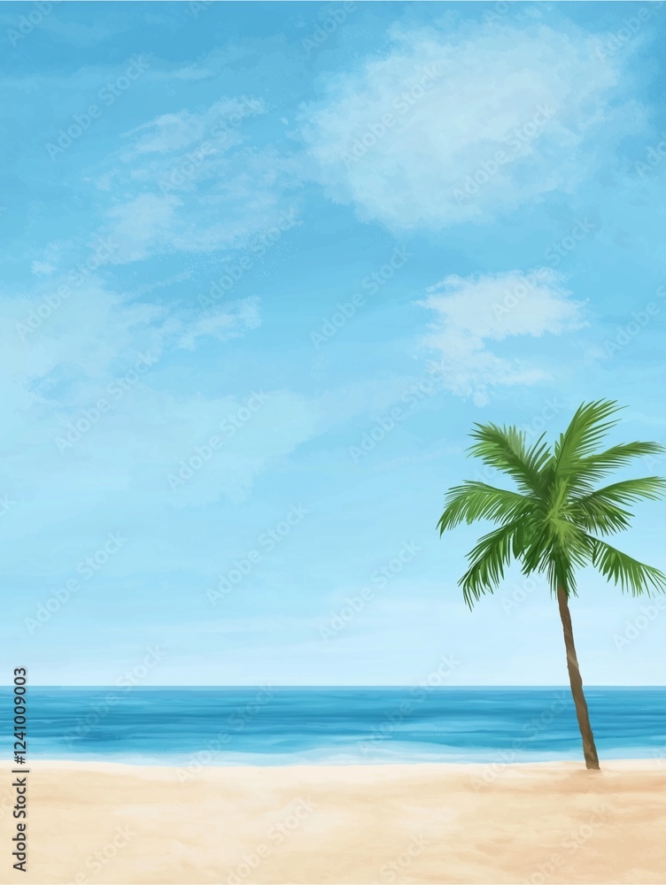 A serene beach scene featuring a lone palm tree against a clear blue sky and calm ocean waves. A serene beach scene featuring a lone palm tree against a clear blue sky and calm ocean waves.