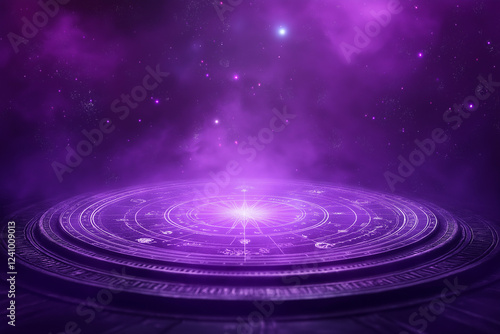 A mystical purple background with the zodiac signs in glowing circles around an empty center, creating a magical and enchanting atmosphere for tarot cards or horoscope designs. 
