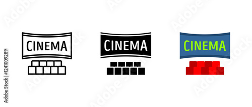 Cinema icon. Movie screen and auditorium sign. Film theater seating symbol. Entertainment and projection pictogram. Modern widescreen illustration.