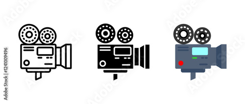 Camera icon. Classic film recording sign. Retro movie equipment symbol. Vintage cinematography pictogram. Professional filmmaking illustration.