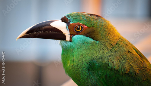 emerald toucanet perched on department photo