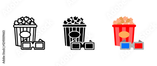 Popcorn with 3D glasses icon. Classic cinema snack sign. Movie theater food symbol. Entertainment and film screening pictogram. Movie night illustration.