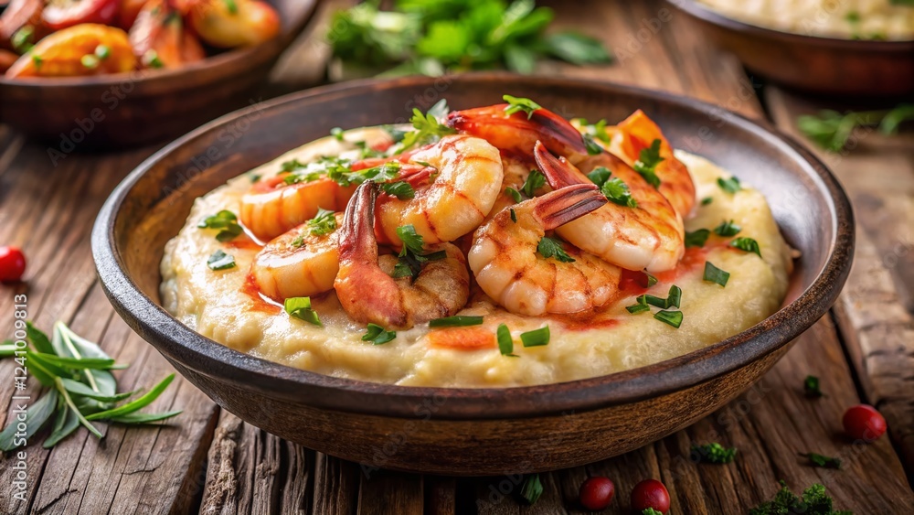 Creamy Shrimp and Grits in Rustic Bowl - Delicious Southern Comfort Food Creamy Shrimp and Grits in Rustic Bowl - Delicious Southern Comfort Food