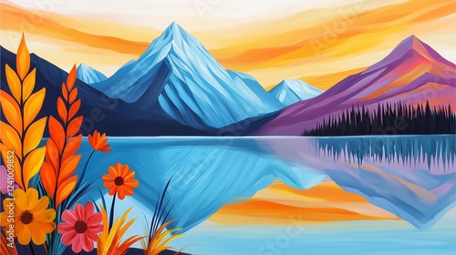 A colorful landscape painting featuring mountains, a serene lake, and vibrant flowers, reflecting warm sunset hues.