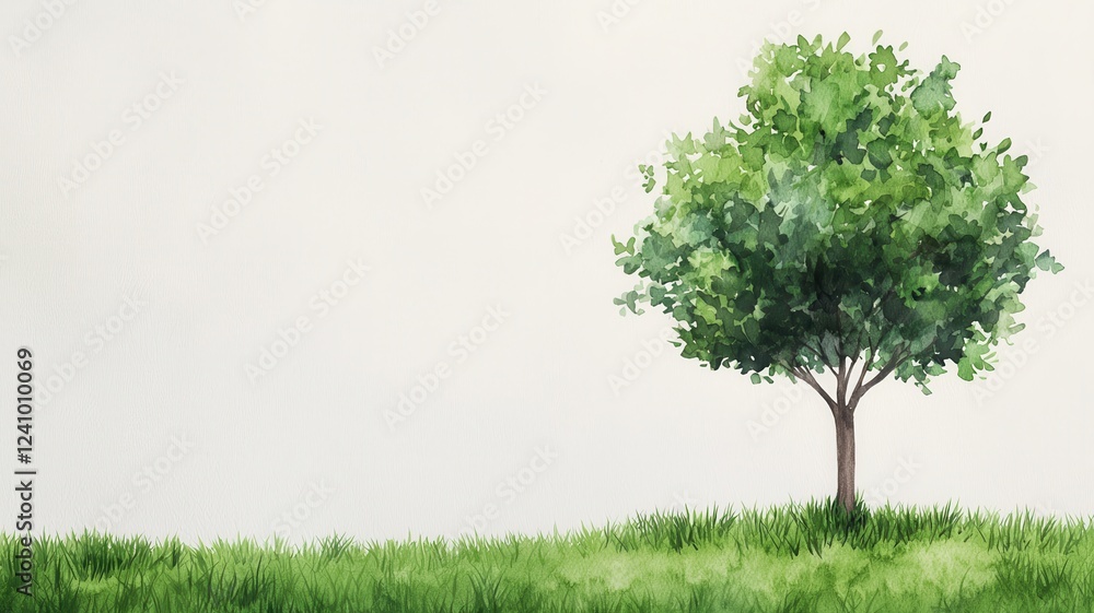 Watercolor Painting of Single Tree in Green Grass Nature Scene Springtime Landscape Watercolor Painting of Single Tree in Green Grass Nature Scene Springtime Landscape
