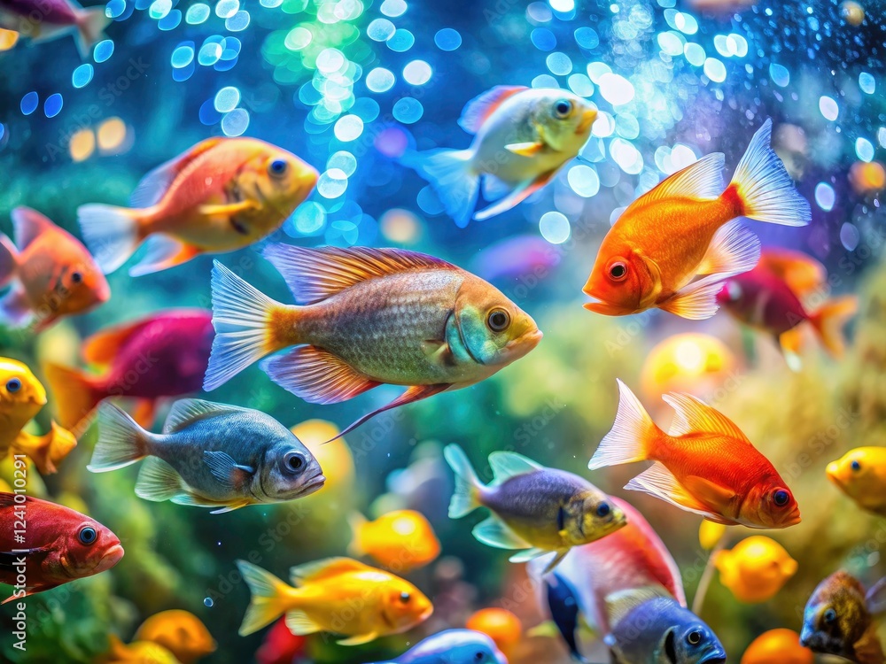 Naklejka premium Colorful fish swim in a beautiful, vibrant reef tank, captured in stunning underwater photography.