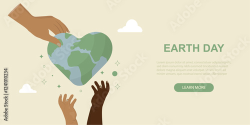 Hands holding Earth and children's hands trying to catch it. Earth Day Celebration. Act Today for Future Generations. A Future in Our Hands. Vector illustration