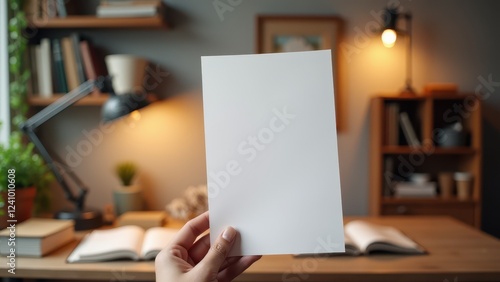 A4 Paper Mockup in Hands, Cozy home office setting hand holding photorealistic A4 mockup with clean typography design.