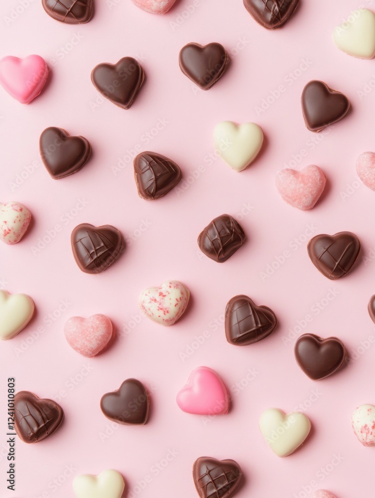Fototapeta premium A Symphony of Hearts: A Delightful Collection of Exquisite Chocolate Hearts, Beautifully Displayed on a Pastel Pink Surface, Creating a Scene of Pure Romance and Sweet Indulgence