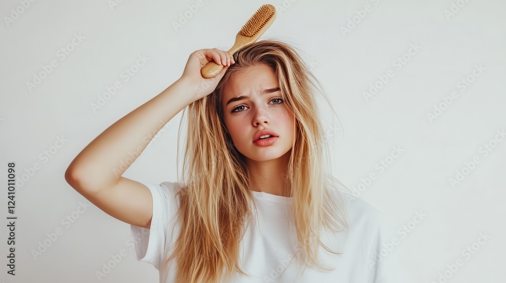 Fototapeta premium Unhappy disappointed young woman with hair loss condition, showing hair brush, blonde caucasian girl with unhealthy hair standing on white background