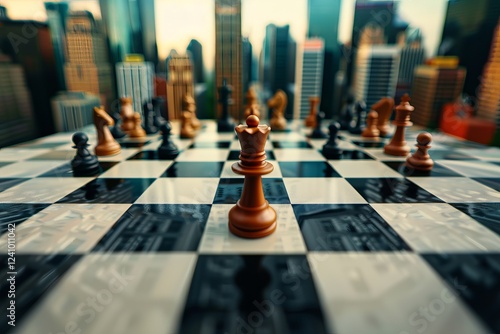 Wallpaper Mural A close-up of a chessboard featuring a lone brown king against a blurred city skyline backdrop. Chess Board as an Arena of Strategy Torontodigital.ca