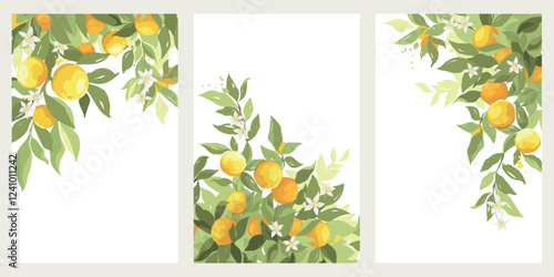 Three backgrounds with orange branches. Hand drawn, vector illustration in watercolor style, poster or card with citrus fruits.