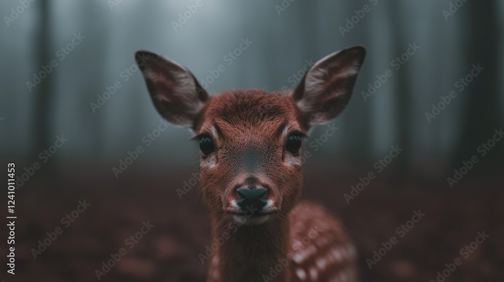 Fawn portrait, misty forest background, wildlife, nature photography