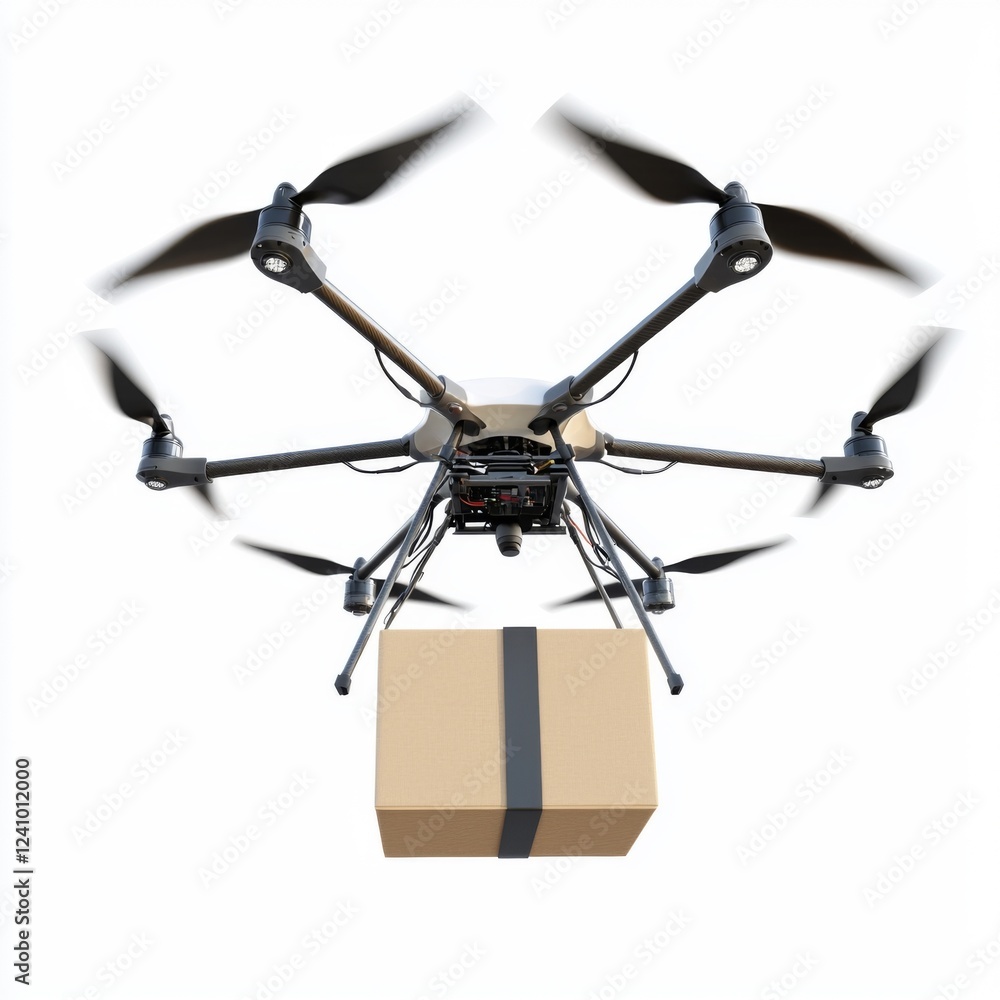 Drone Delivering Package from Above in Clear Sky with White Background for Delivery Services and Logistics Concepts