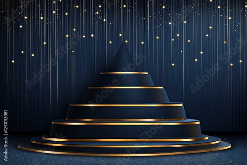 A dark blue stage with golden spotlight lines and a glittery texture, intended for an award ceremony. A realistic, sophisticated, and glamorous 3D abstract premium background photo