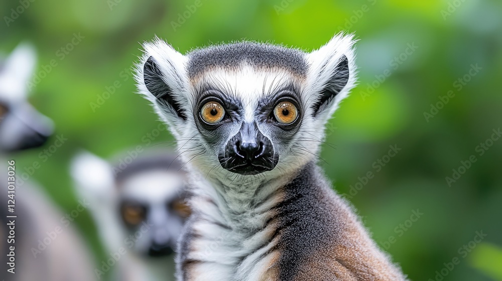 Obraz premium Ring-tailed lemur portrait, jungle background, wildlife photography, nature stock