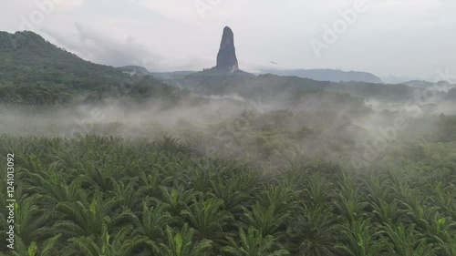 Sao Tome and Principe - Aerial View of Pico Cao Grande. Majestic Volcanic Needle Towering Over Dense Tropical Rainforest.