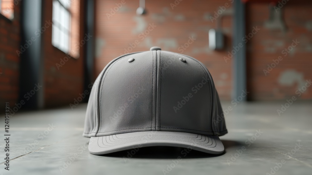 Back View Cap Mockup, Industrial interior photorealistic grey cap back view. Back View Cap Mockup, Industrial interior photorealistic grey cap back view.