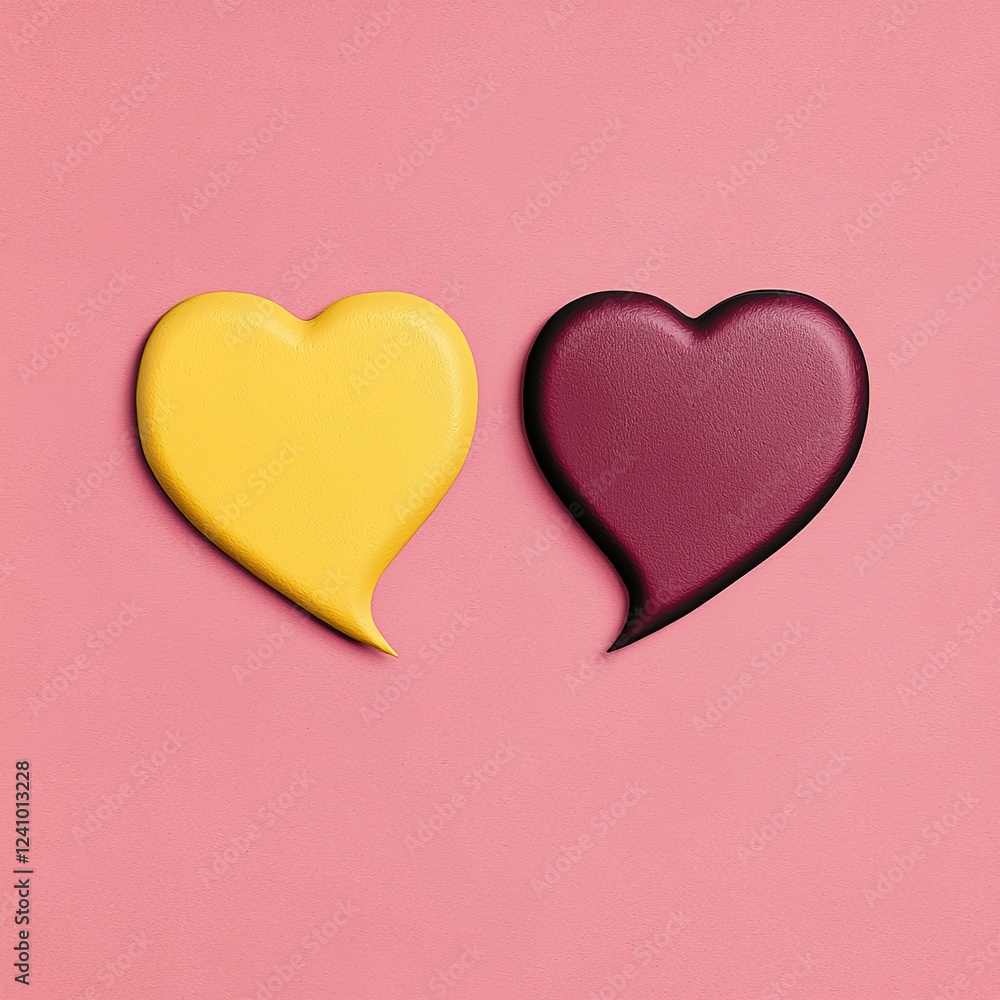 Two stylized heart shapes in yellow and maroon on a pink background create a playful and vibrant visual. Two stylized heart shapes in yellow and maroon on a pink background create a playful and vibrant visual.