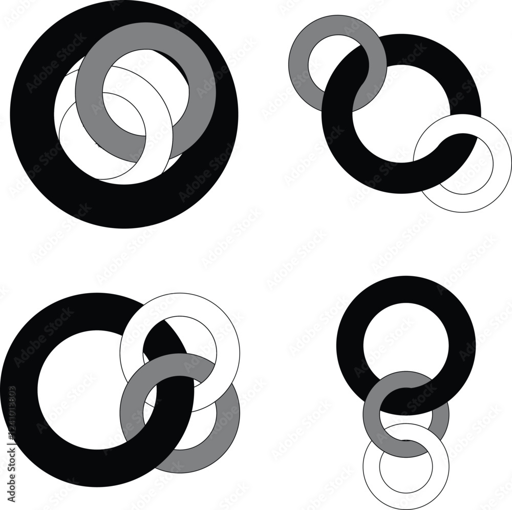 The image is a set of four different circles, all of which are black and white The image is a set of four different circles, all of which are black and white