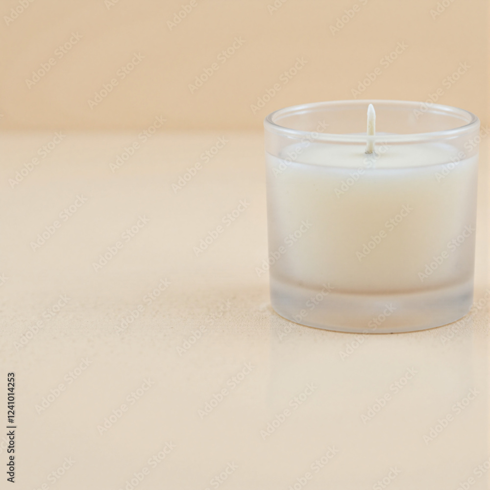 Minimalist ceramic candle in a frosted glass holder, placed on a soft beige background, calming and luxurious, perfect for home decor, relaxation, aromatherapy, or gifting Minimalist ceramic candle in a frosted glass holder, placed on a soft beige background, calming and luxurious, perfect for home decor, relaxation, aromatherapy, or gifting