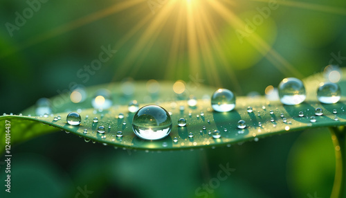 Wallpaper Mural Dew drops glisten on green leaf at sunrise, every drop counts Torontodigital.ca