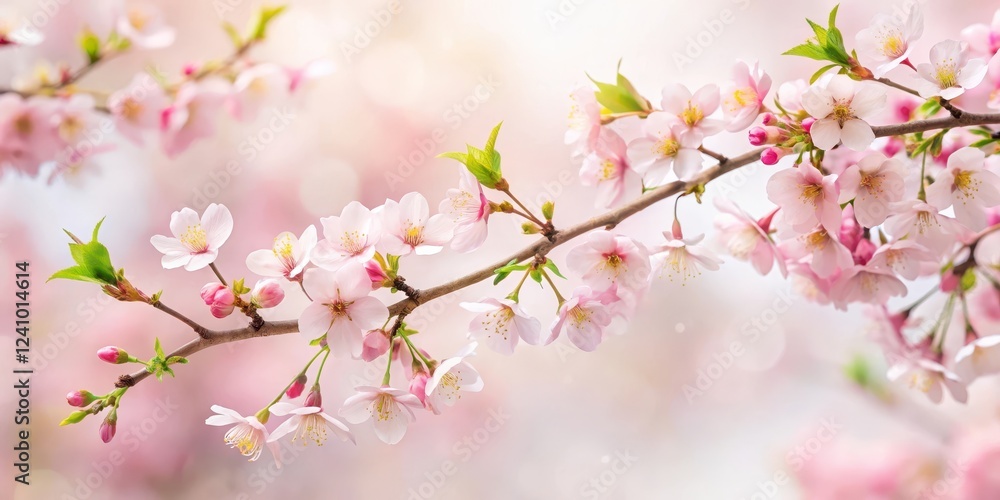 Delicate cherry blossom branches with soft pink petals and subtle green leaves, set against a serene white background , flowers, art Delicate cherry blossom branches with soft pink petals and subtle green leaves, set against a serene white background , flowers, art