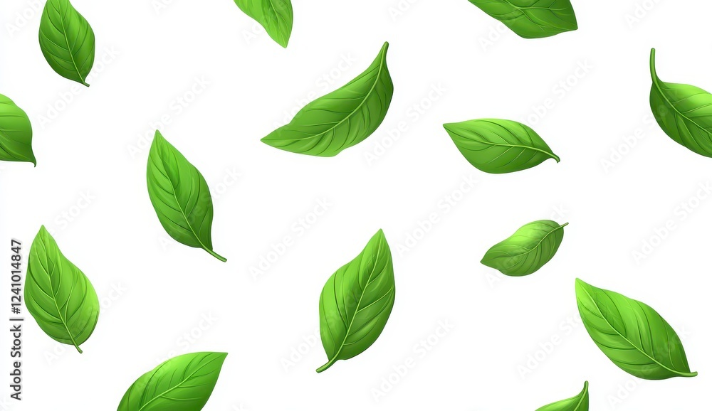 A vibrant pattern of various light green leaves floating on a plain white background. The leaves have a slightly pixelated or graphic quality, giving A vibrant pattern of various light green leaves floating on a plain white background. The leaves have a slightly pixelated or graphic quality, giving