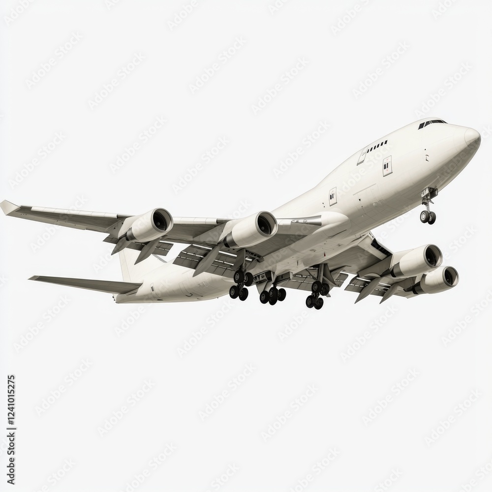Large commercial airplane in flight against a clean blue sky, showcasing aerodynamic design and engineering excellence Large commercial airplane in flight against a clean blue sky, showcasing aerodynamic design and engineering excellence