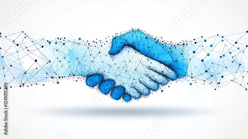 Digital Handshake, Blue Network Polygon, Partnership. Technology Connection on a White Background